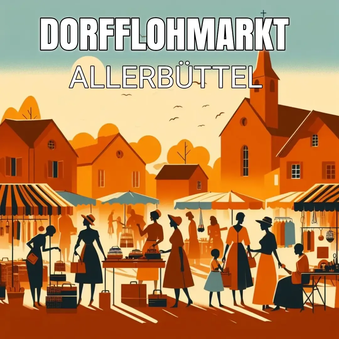 Plakat Dorfflohmarkt Allerbüttel in Retro-Optik: Marktstände vor der Dorfkirche
