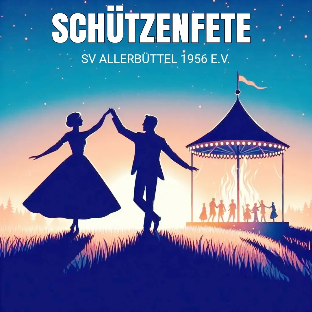 Plakat Schützenfete SV Allerbüttel in Retro-Optik: Tanzpaar vor einem beleuchteten Pavillon
