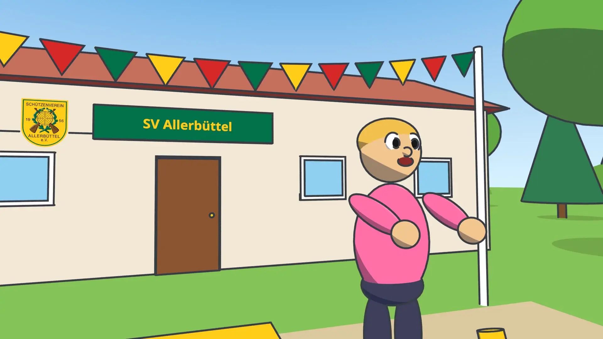 Trickfilm des SV Allerbüttel: das Vereinsheim mit Wappen und einer Trickfigur