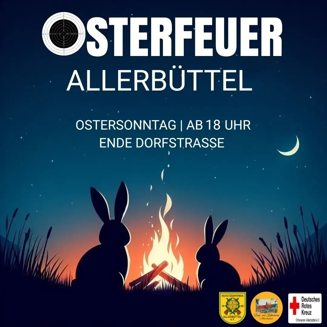 Plakat Osterfeuer Allerbüttel: zwei Hasen vor einem Lagerfeuer unter dem Nachthimmel